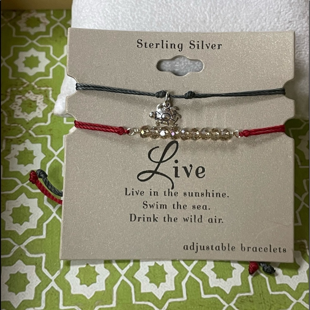 2 Adjustable Bracelets.Red With Crystals, Gray With Sterling Turtle Charm. NWT